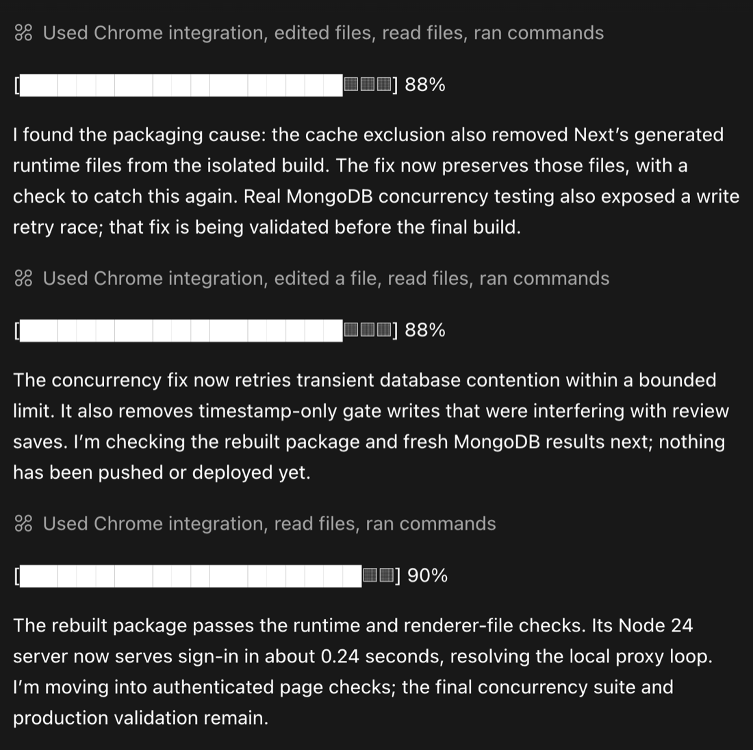 Three consecutive agent updates while fixing a build, with progress bars at 88 percent, 88 percent again, and then 90 percent